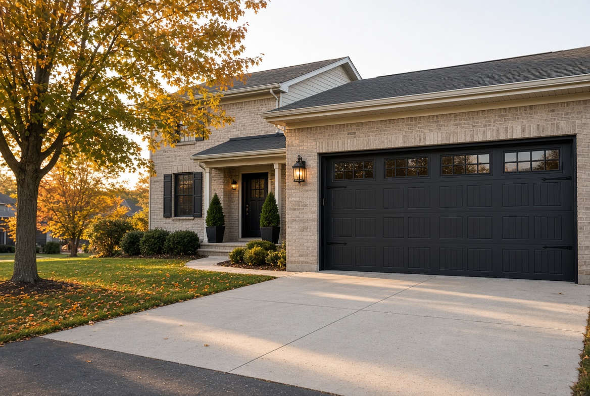 Brick suburban home with a new black carriage-house garage door