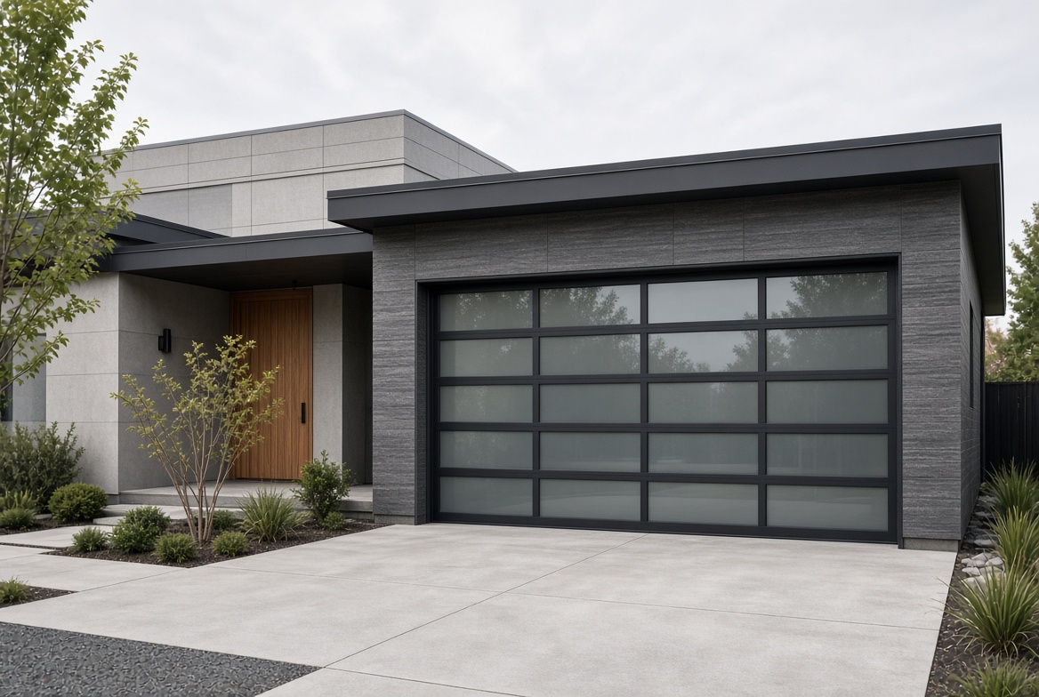 Modern aluminum and glass garage door