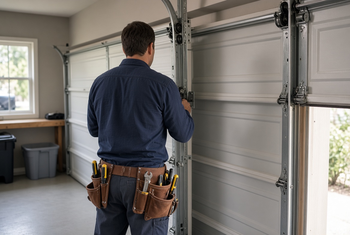 Technician adjusting a residential garage door track